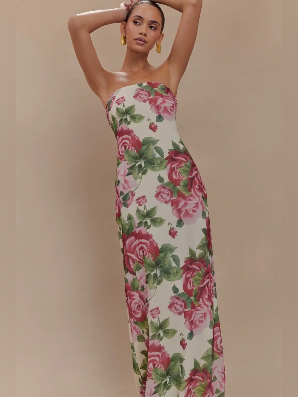 Meshki Strapless Rose-Print Maxi‎ Dress in Pink and Green on Cream - Picture 3 of 6